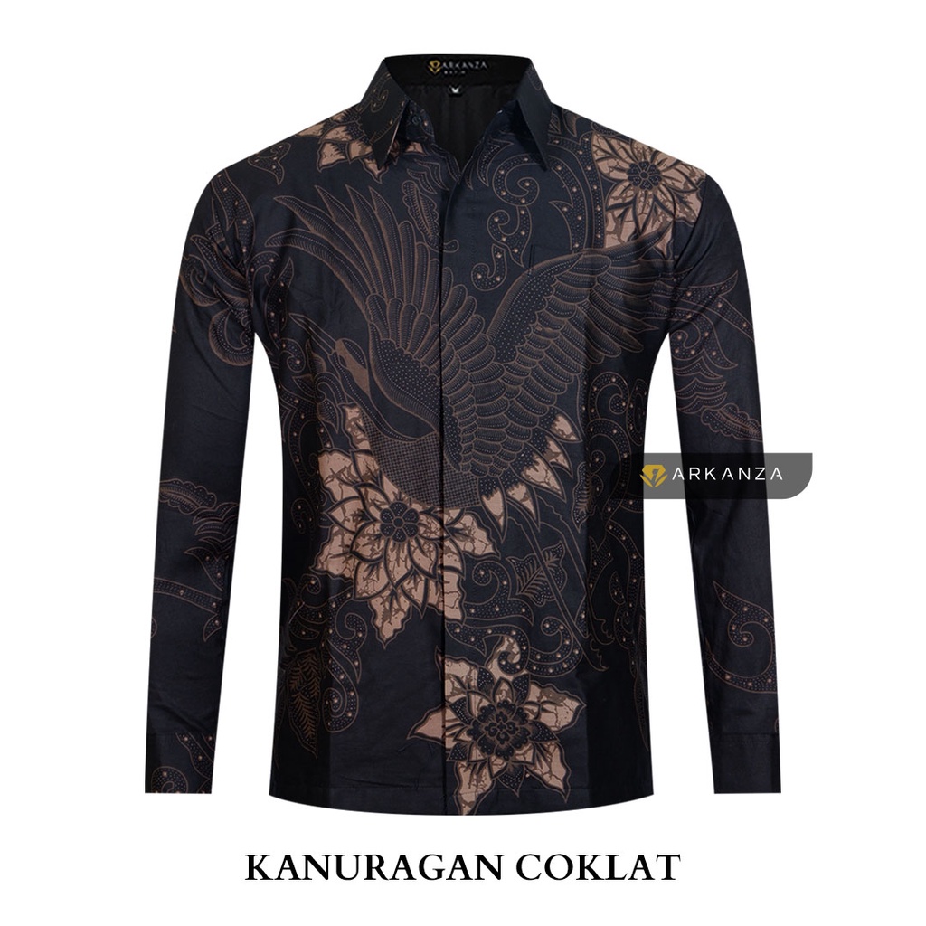 BATIK ARKANZA Motif KANURAGAN COKLAT Hem Atasan Kemeja Baju Batik Pria Cowok Laki Laki Slimfit Full Lapis Furing Lengan Panjang Lengan Pendek Original Asli