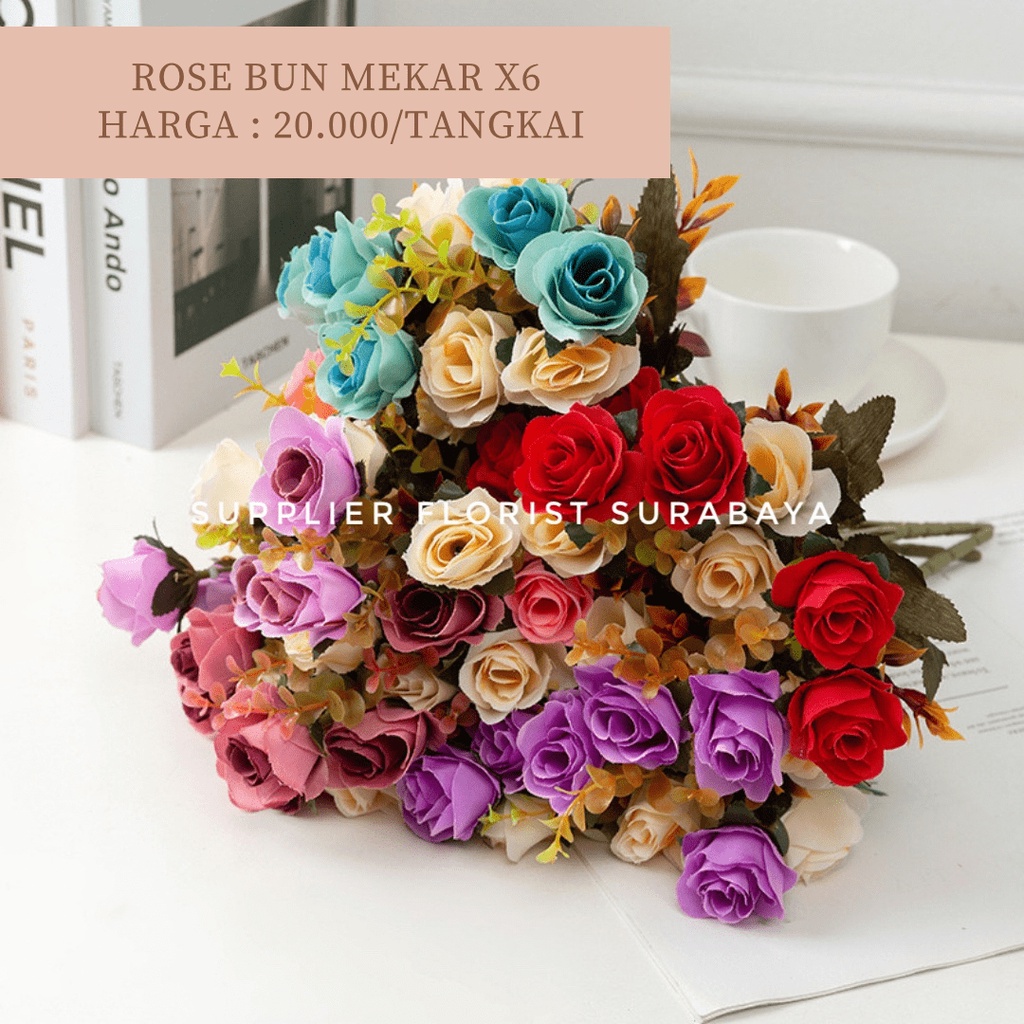 ROSE BUN MEKAR 1 TANGKAI CABANG 6 @2KEPALA, TOTAL 12 KEPALA BUNGA PALSU ARTIFICIAL FLOWER BUNGA MAINAN DIY FLORIST