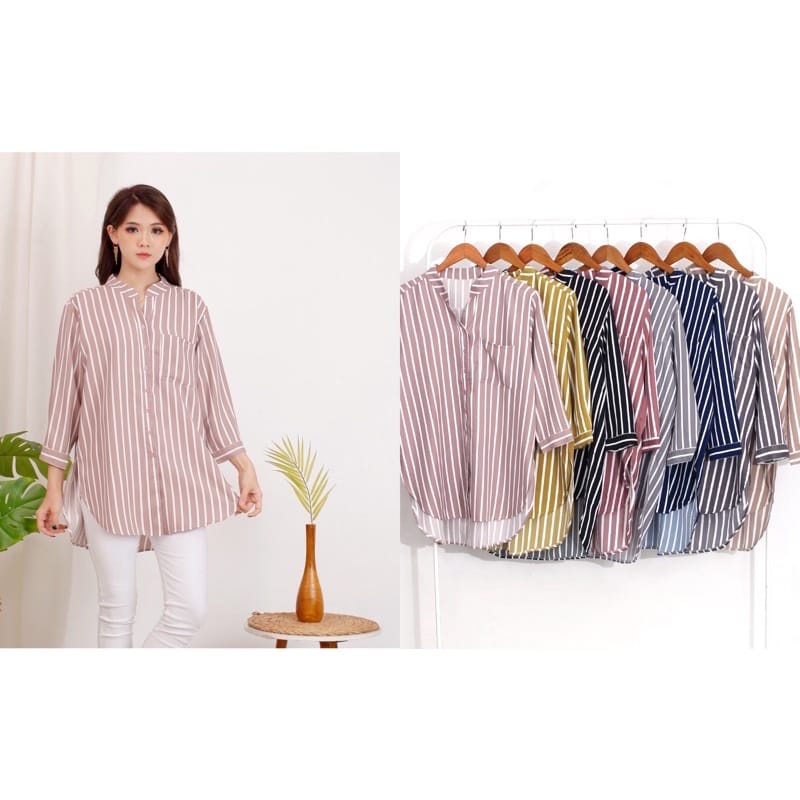Atasan Muslim Wanita  ( BISA COD) stripe salur kekinian resleting depan ala korea lebaran 2023 remaj
