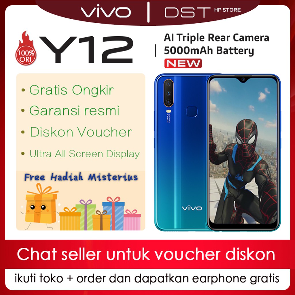 Vivo Y12 murah hp ram 3G rom 64G/32GB COD promo asli 100%original baru, AI Triple Camera,5000 mAh