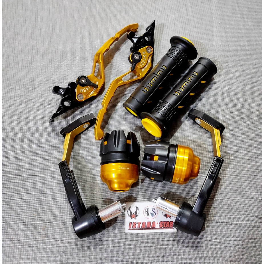 [PAKET VARIASI] NMAX Proguard Robot Pelindung Stang Bahan Logam Babet + Handle Rem Nmax Terbaru CNC + Handgrip DOMINO SISIK + Jalu As Roda Depan - GoldV