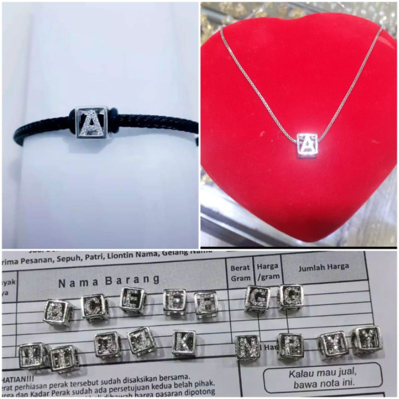 Perak 925 Krom Emas Putih Charm Gelang / Liontin Kalung Huruf Inisial Nama (Huruf Saja)