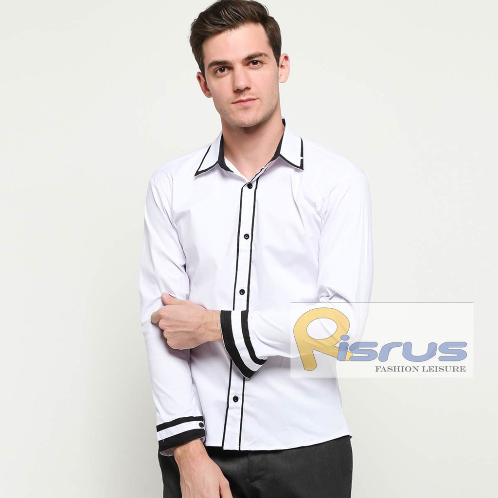 RISRUS FASHION HEM GIVON BAJU PRIA BAJU KEMEJA COWO LENGAN PANJANG KEMEJA COWOK POLOS GARIS SLIM FIT