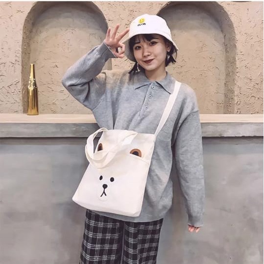 Twenty Bag - Tas Tote Bag Wanita Resleting Terbaru 2022 Aesthetic Kekinian Motif Carakter BROWCHIP Korea Style Multifungsi