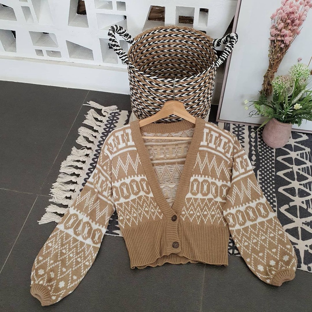 Cardigan Rajut Olive Outwear Wanita Motif Pattern Otentik