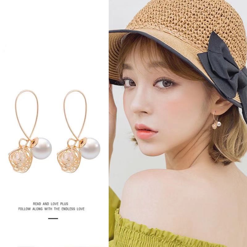 Anting Mutiara Ala Korea Hiasan Kristal/Woman Fashion Sweet U-Shaped Pearl Dangle Drop Anting Hooks