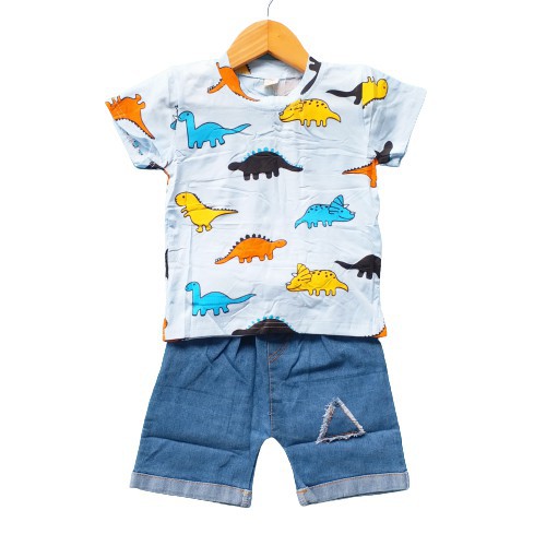 LittleAaron SET JEANS COLOUR DINO 065 EBV Setelan Kaos Anak Bayi Laki-laki Lengan Pendek 6bulan - 4tahun