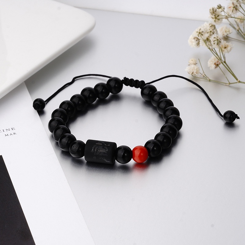 Gelang Manik-Manik Hitam Ukuran 8MM Desain 12 Zodiak Untuk Pria Dan Wanita