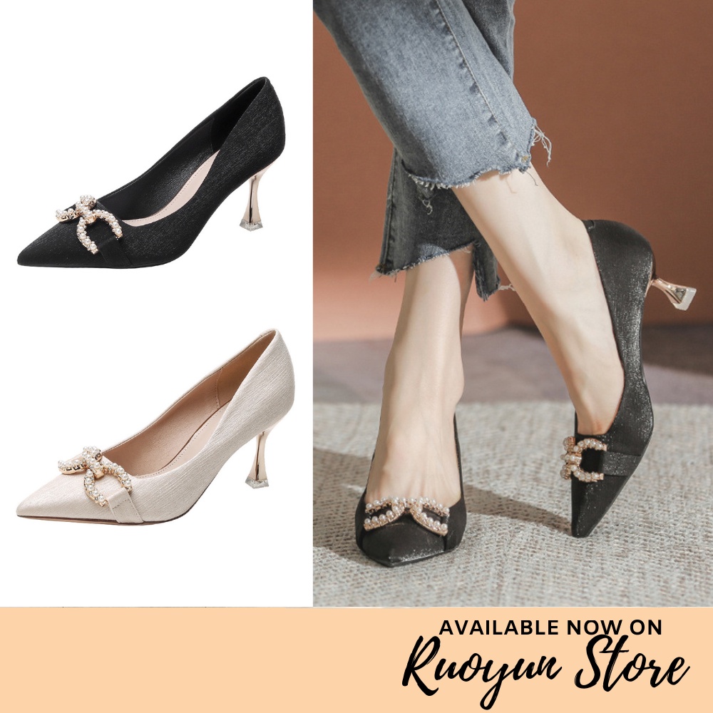 RYS - Pearl Bow Sepatu Heels Wanita Fashion Casual / Pesta - Ori Import