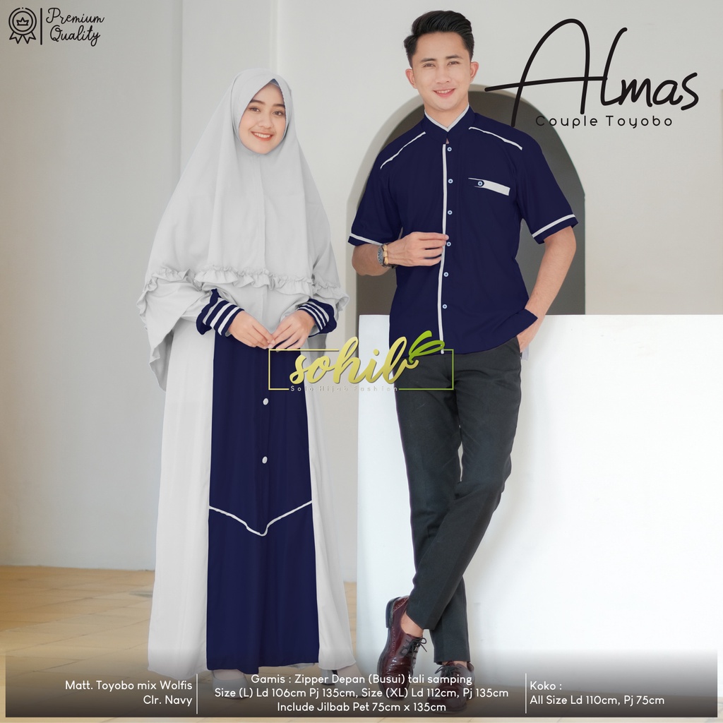 PASANGAN COUPLE NAVY MUSLIM LEBARAN GAMIS JILBAB DAN KOKO TOYOBO ORI SOHIB