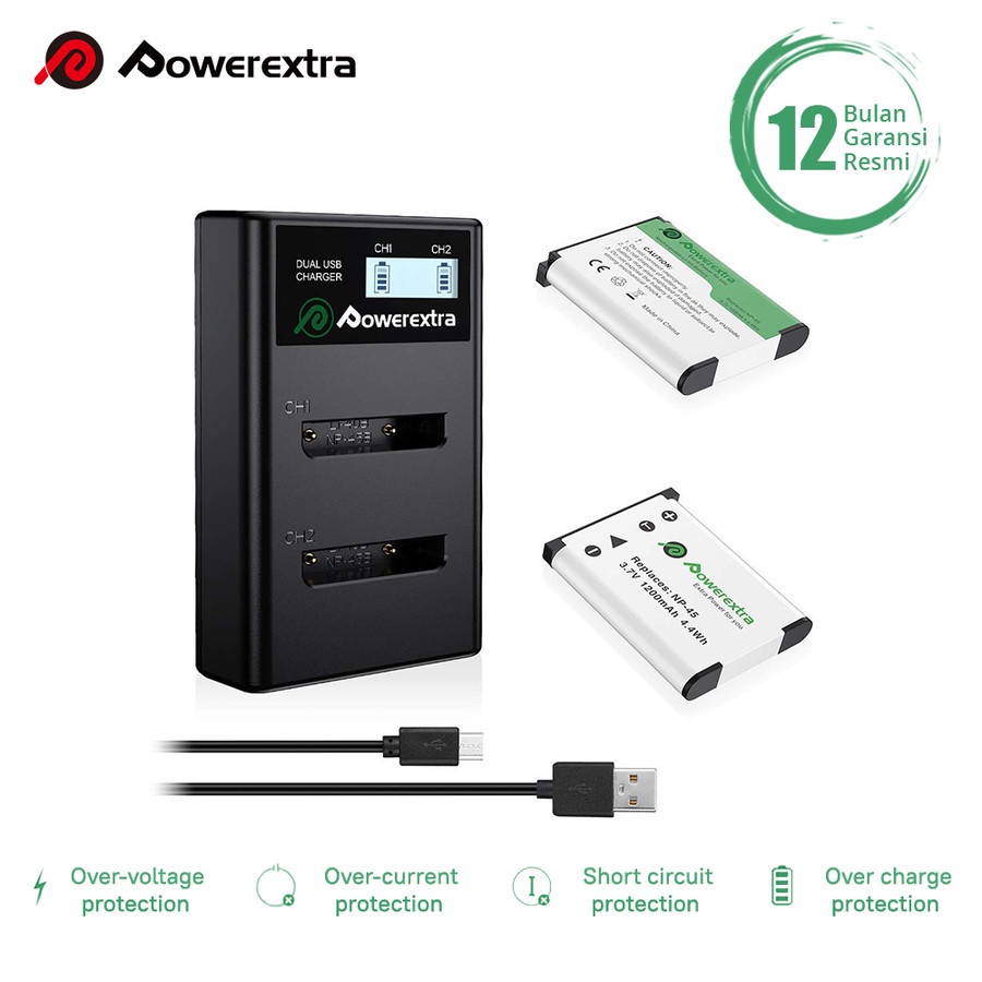 Powerextra 2-Pack Baterai NP-45A ,NP-45B,NP-45S and Smart Dual Charger