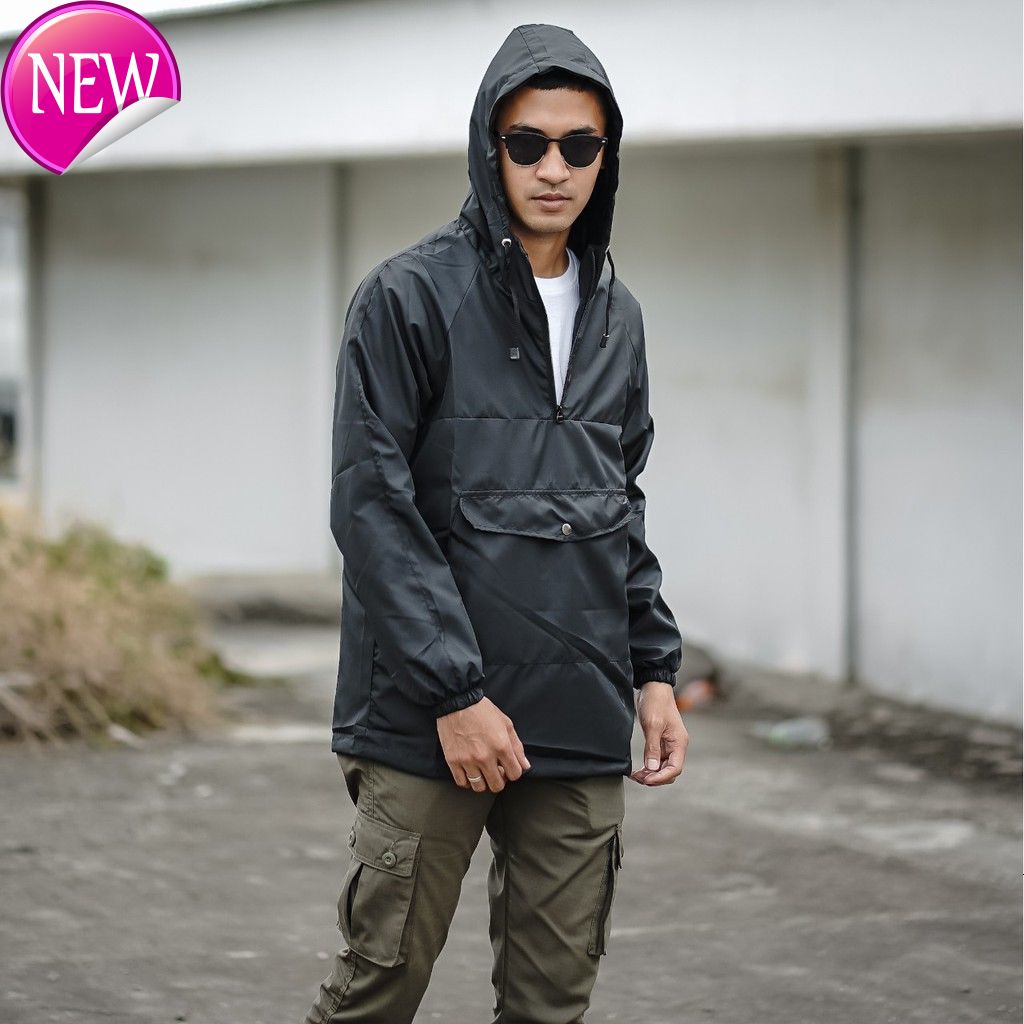 JAKET PRIA - JAKET CAGOULE POLOS BGSR - JAKET CAGOULE SIMPLE BLACK BGSR - JAKET KANTONG DORAEMON