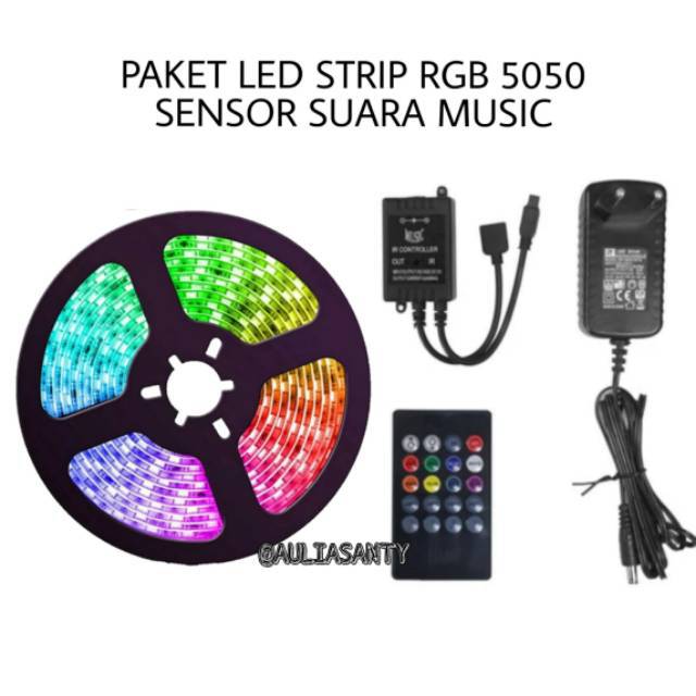 PAKET LAMPU LED STRIP RGB 5050 IP44 SENSOR SUARA MUSIC MUSIK REMOTE ADAPTOR WARNA WARNI HIAS GAMING