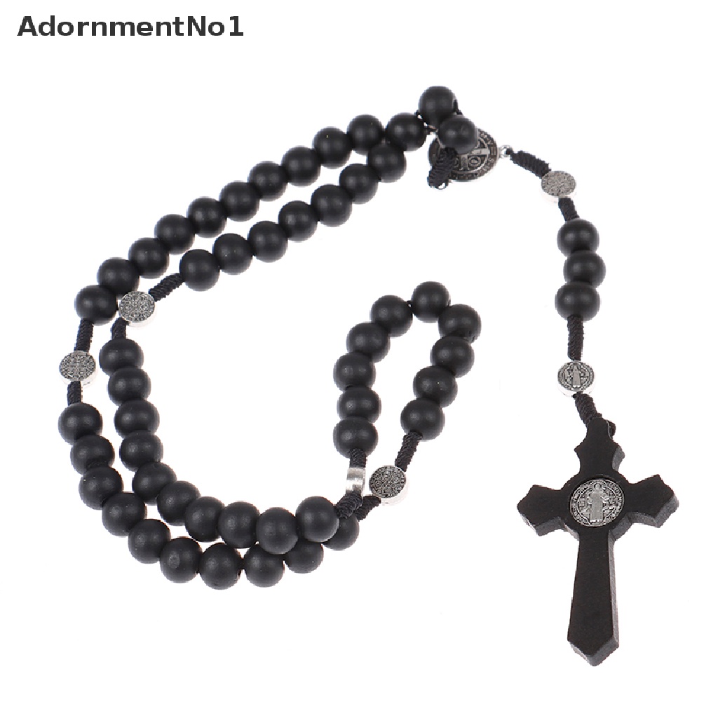 (AdornmentNo1) Kalung Rosario Manik Kayu Hitam Pendan Salib Yesus Gaya Antik