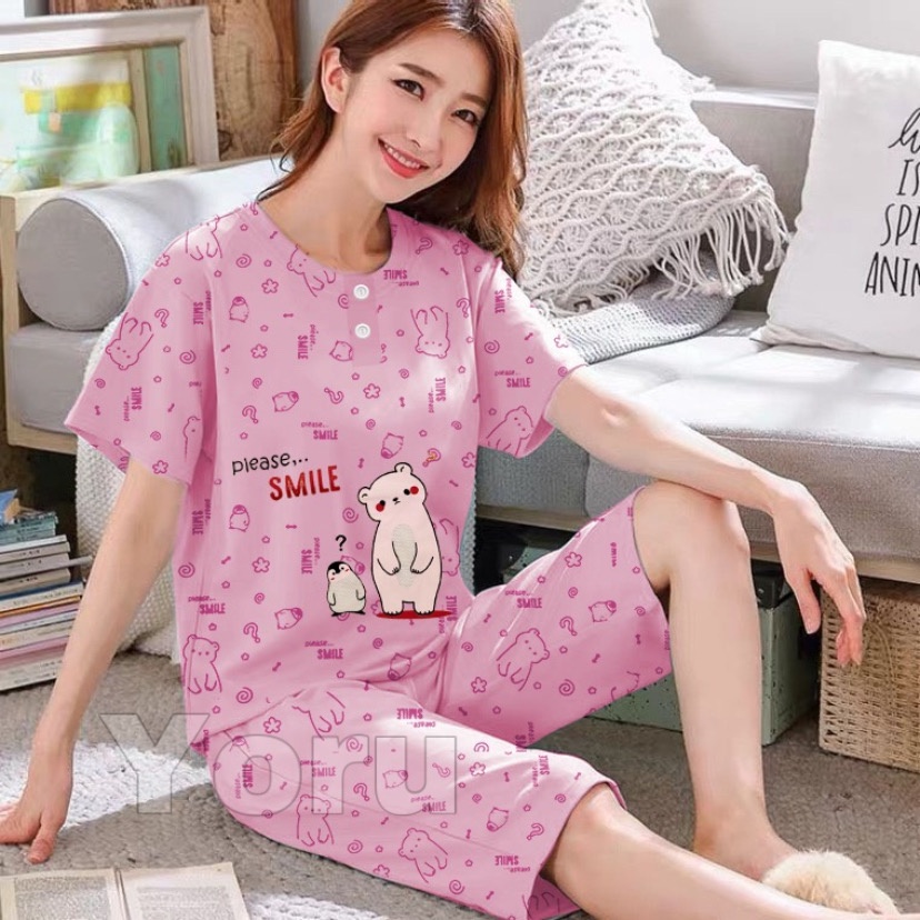 Pamelo Piyama 3/4 Baby Doll Murah Suplier Sleep Wear All Size Baju Tidur Wanita kaos Katun Stelan Stage2 Baju Tidur Murah Produk Terlaris-Please  smile Pink