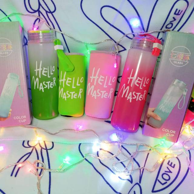 Botol minum hello master kaca / Botol minum kaca / Botol minum hello master / Botol Kaca Plus Pouch