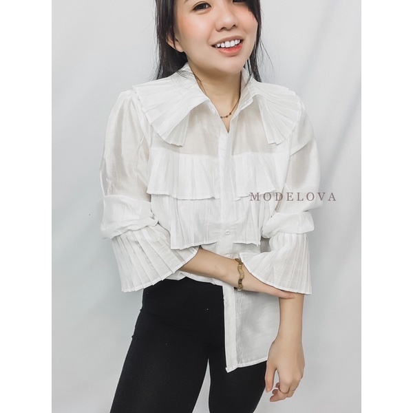 MDLV ~ 2080# marverica pleated shirt Blouse Korea Blouse Premium Blouse Import Atasan Lengan Panjang Kemeja Korean style Fashion import