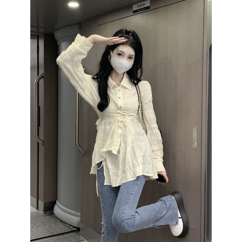 Niche perban pinggang kemeja wanita sedikit transparan kemeja lengan panjang desain musim panas atas