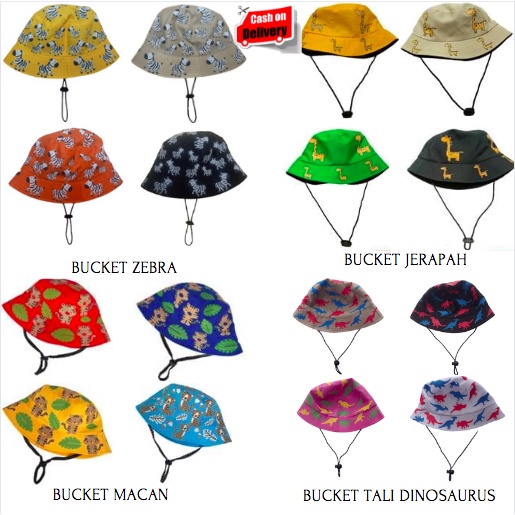 Bucket Hat Anak Tali Karakter Zebra / Macan / Dinosaurus / Jerapah Usia 2-8 Tahun Laki Perempuan