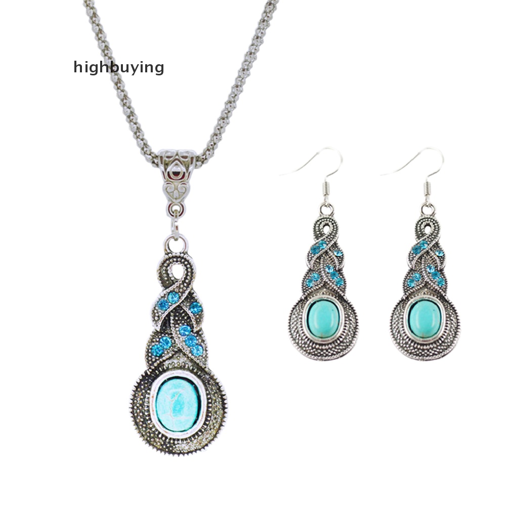 Hbid Set Kalung + Anting Kait Gantung Retro Vintage Elegan Hias Batu Turquoise Untuk Wanita