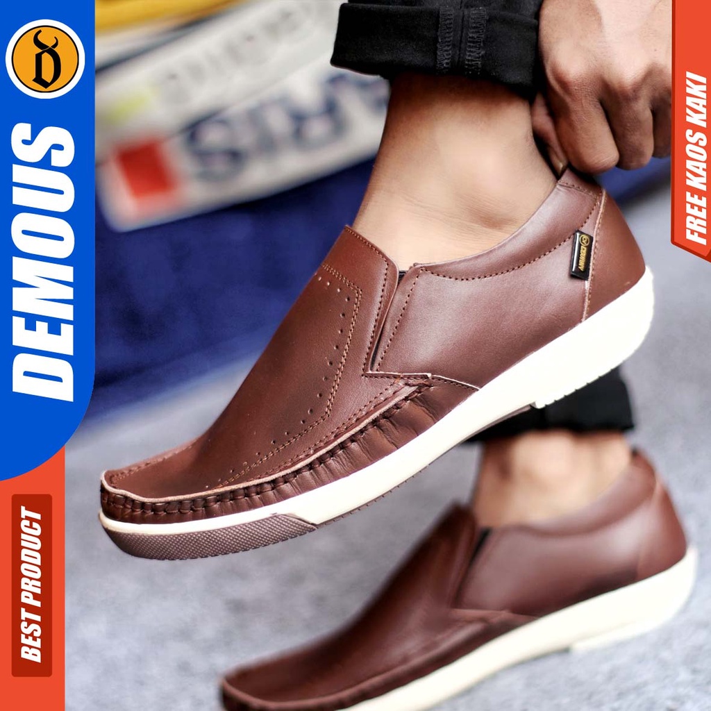 DEMOUS SANDRO Sepatu Casual Slip On Pria Kulit Asli Kerja Santai Murah Hitam