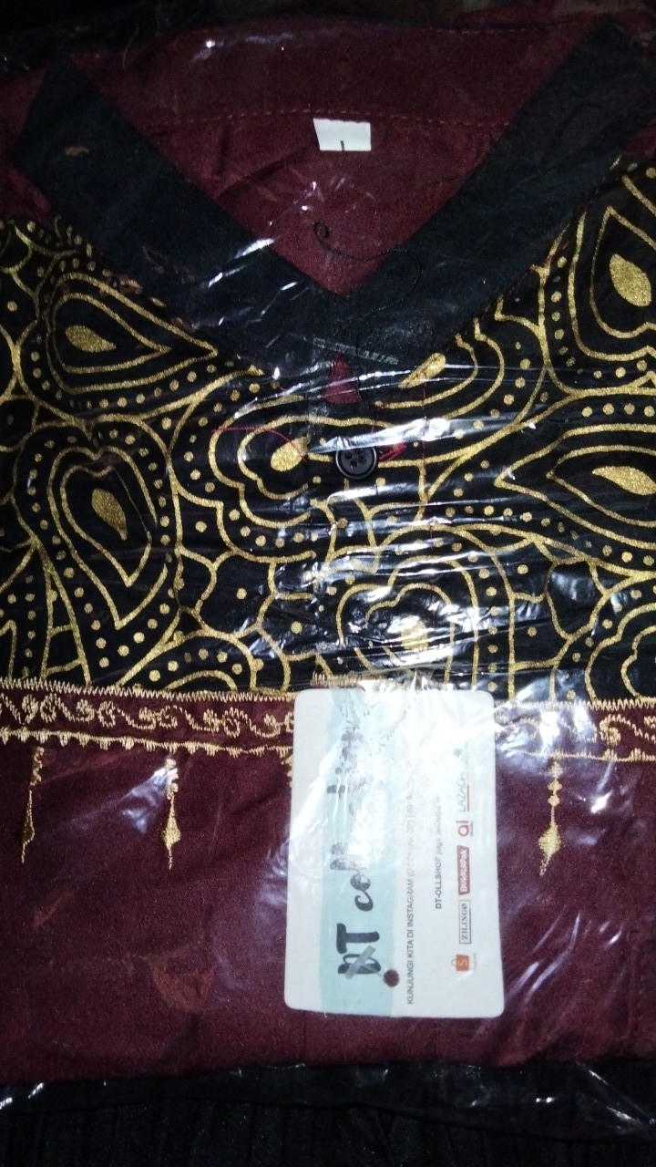 Cod - Dt Collection - Kemeja Batik Pria Cowok Muslim Bordir Kombinasi Gold Maroon Lengan Panjang