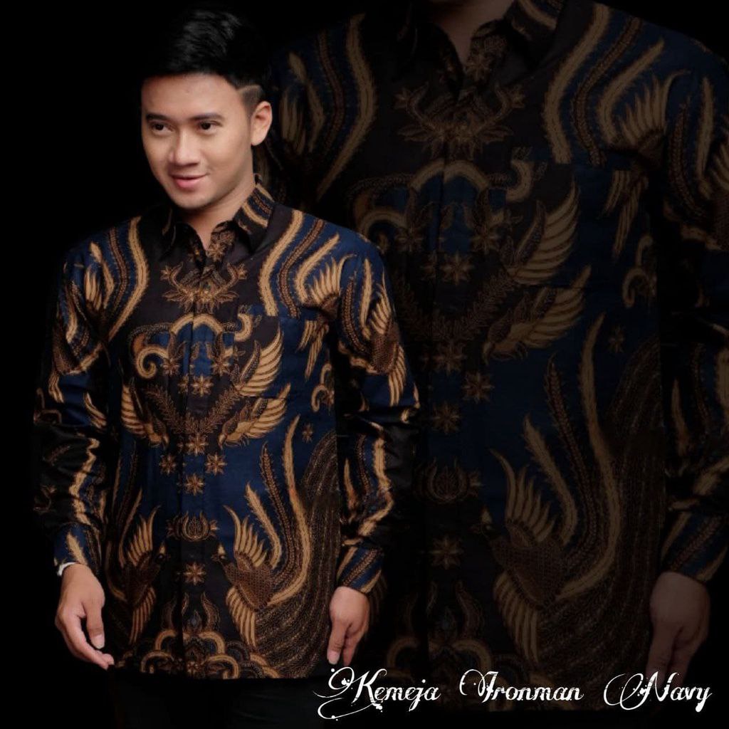 Batik Pria Lengan Panjang Batik Rezz Art motif Garuda Size M L XL XXL 3L 4L 5L 6L JUMBO Reguler-KEMEJA IRONMAN NAVY