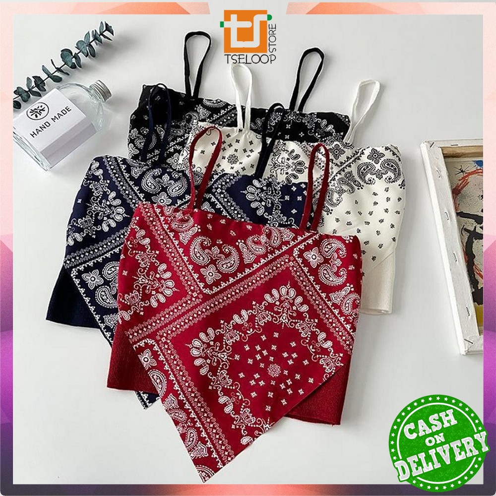 OFM-P124 Tank Top Segitiga Model Crop Top Motif Hailey Scarf / Tanktop Atasan Wanita Tanpa Lengan / 