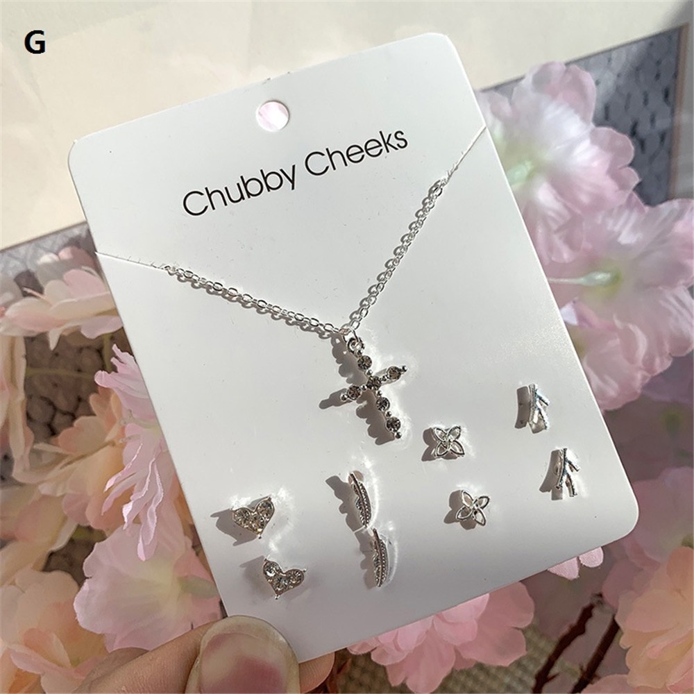 Korean Fashion Necklace and Earrings Set Card Stars Clover Flowers Snowflakes Bow Necklace Week Earring Set Jewelry