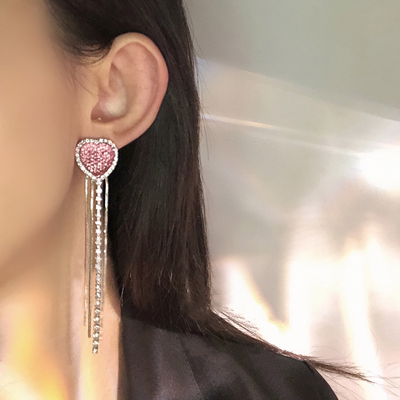 Anting Rumbai Bentuk Hati Aksen Berlian Bahan Zirkon Warna Permen Gaya Korea Untuk Wanita