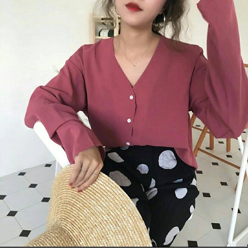 atasan korea wanita/ blouse vneck wanita / blouse wanita KONJU