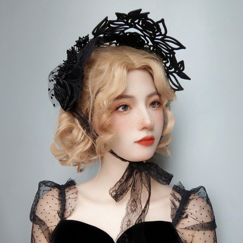 [ GOTH ] Gothic Lolita Headband with Black Rose Flower Lace Headpiece / Gothic Lolita Headband dengan Headpiece Renda Bunga Mawar Hitam 8028