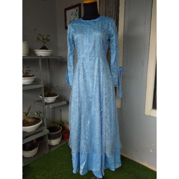 Preloved Baju Gamis Wanita murah / Brokat Dress Kondangan Warna Biru Langit / Gaun Muslim / Muslimah