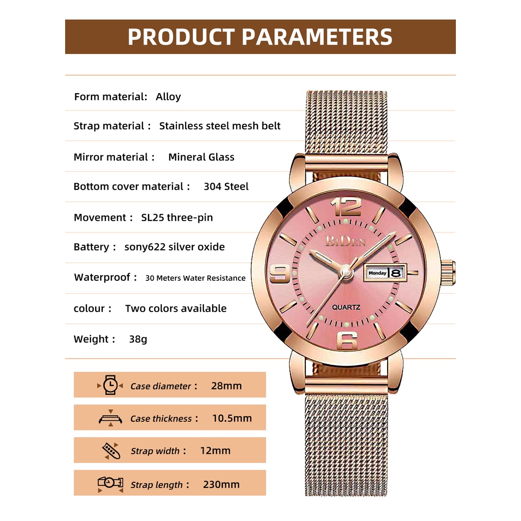 Biden 602 Jam Tangan Wanita Analog Mesh Band Calendar Quartz Watch Original Water Resistant 30 Meter