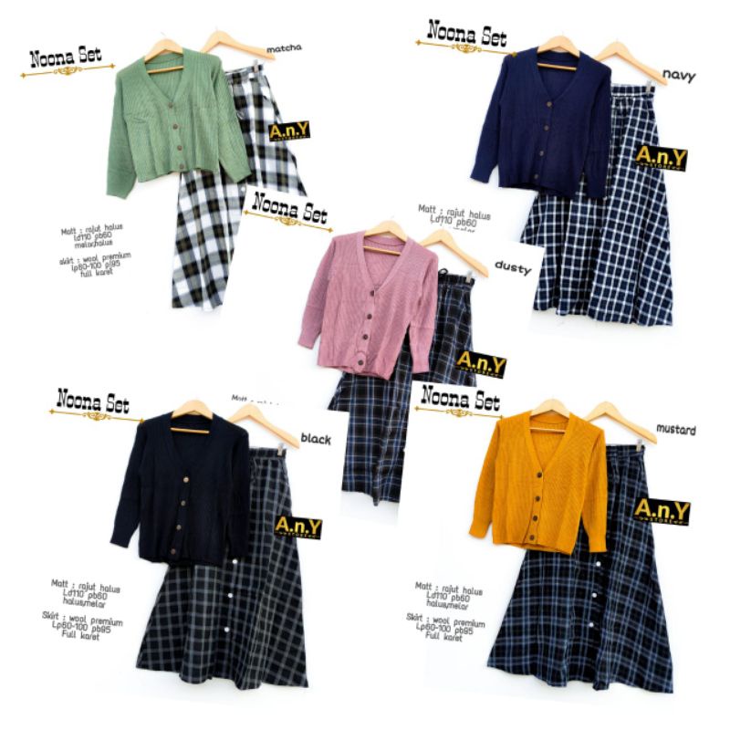 SET CARDIGAN RAJUT HALUS POLOS + ROK MOTIF KOTAK-KOTAK NOONA SET BY A.N.Y