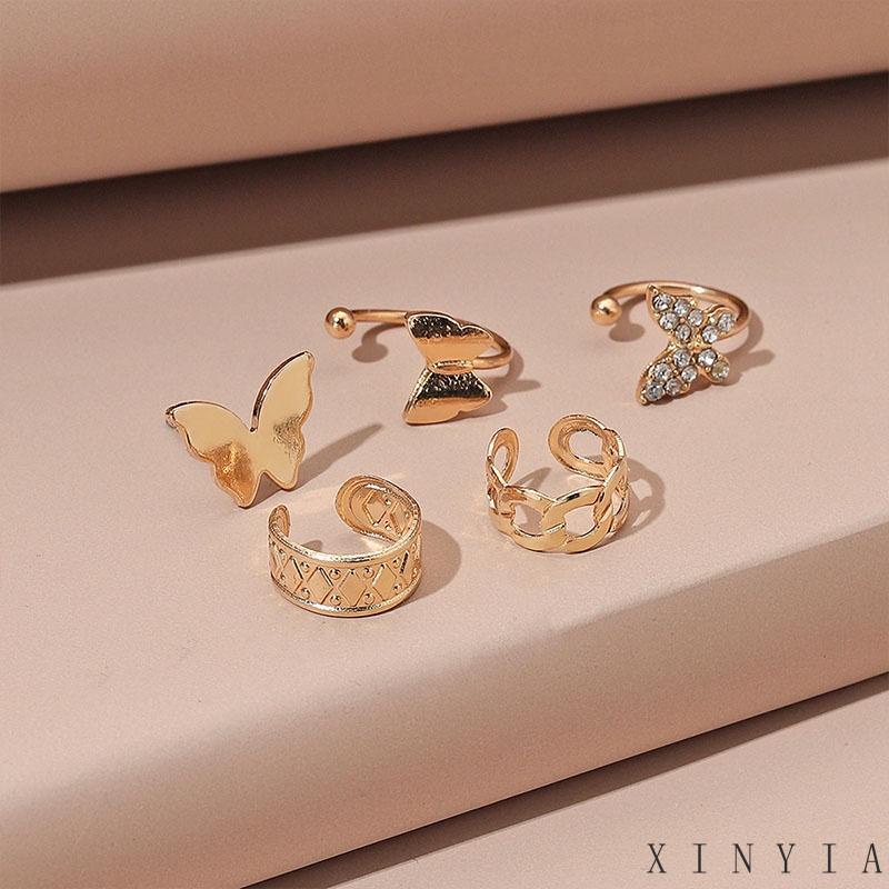 Set Anting Klip Bentuk U Desain Kupu-Kupu Aksen Berlian Untuk Aksesoris