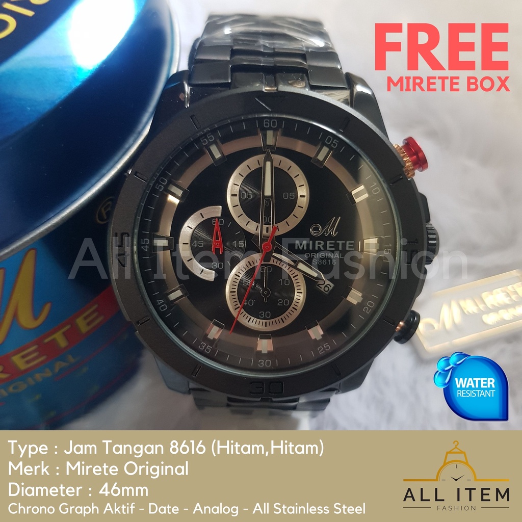 Jam Tangan Chrono Rantai MIRETE 8616 / Jam Tangan Pria Anti Air ORI / Arloji / Watches (FREE BOX)