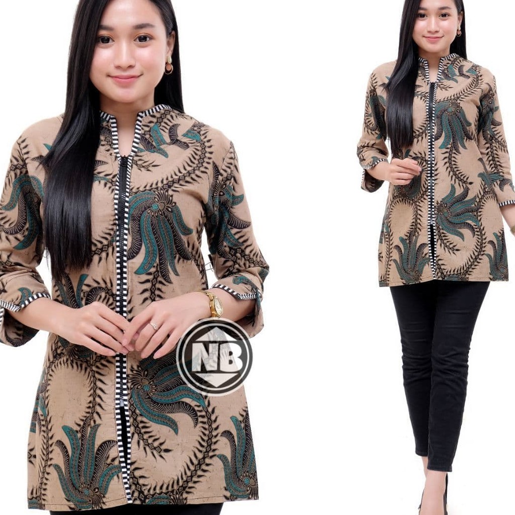 Atasan Batik Wanita Katun Dolbi Dobby Doby Tenun Sutra Tulis Halus Katun ATBM Baron ,Sarombit Atasan-ZIPER PISANG HIJAU