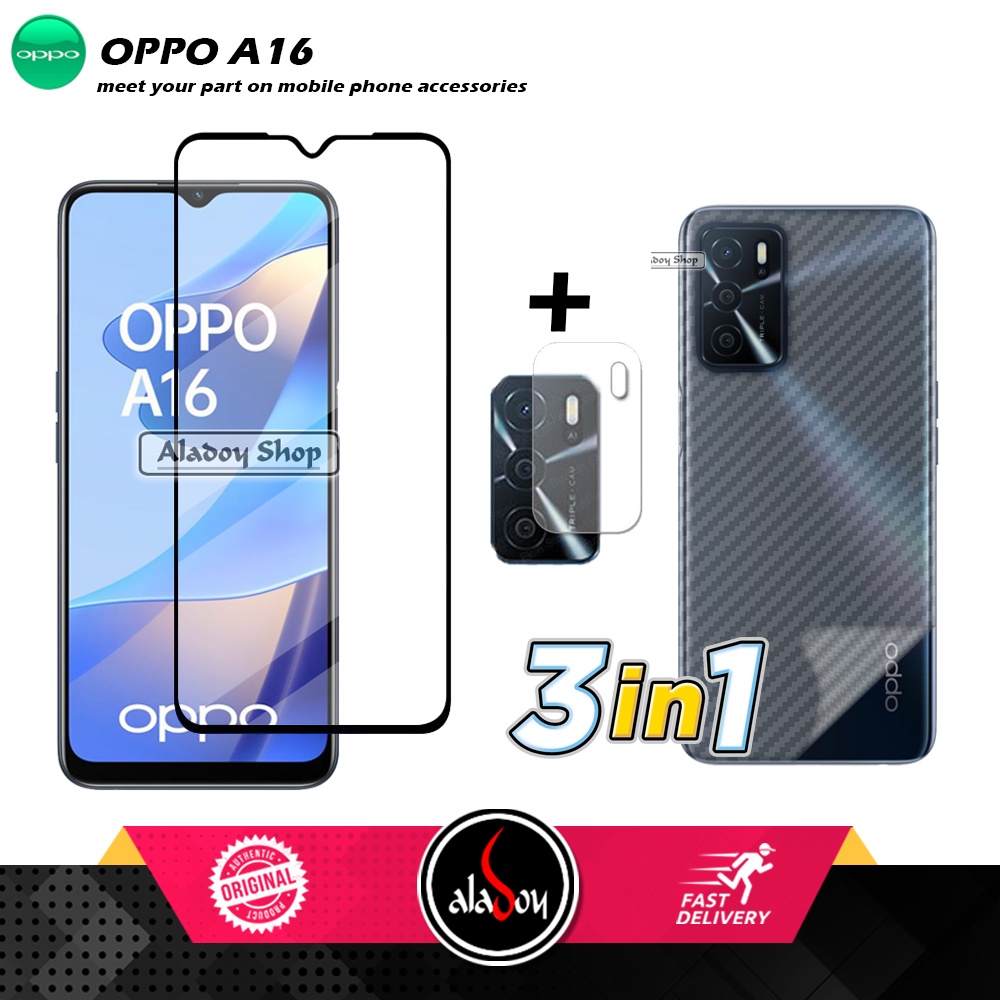 PAKET 3 IN 1 Tempered Glass Layar Oppo A16 Free Tempered Glass Camera dan Skin Carbon