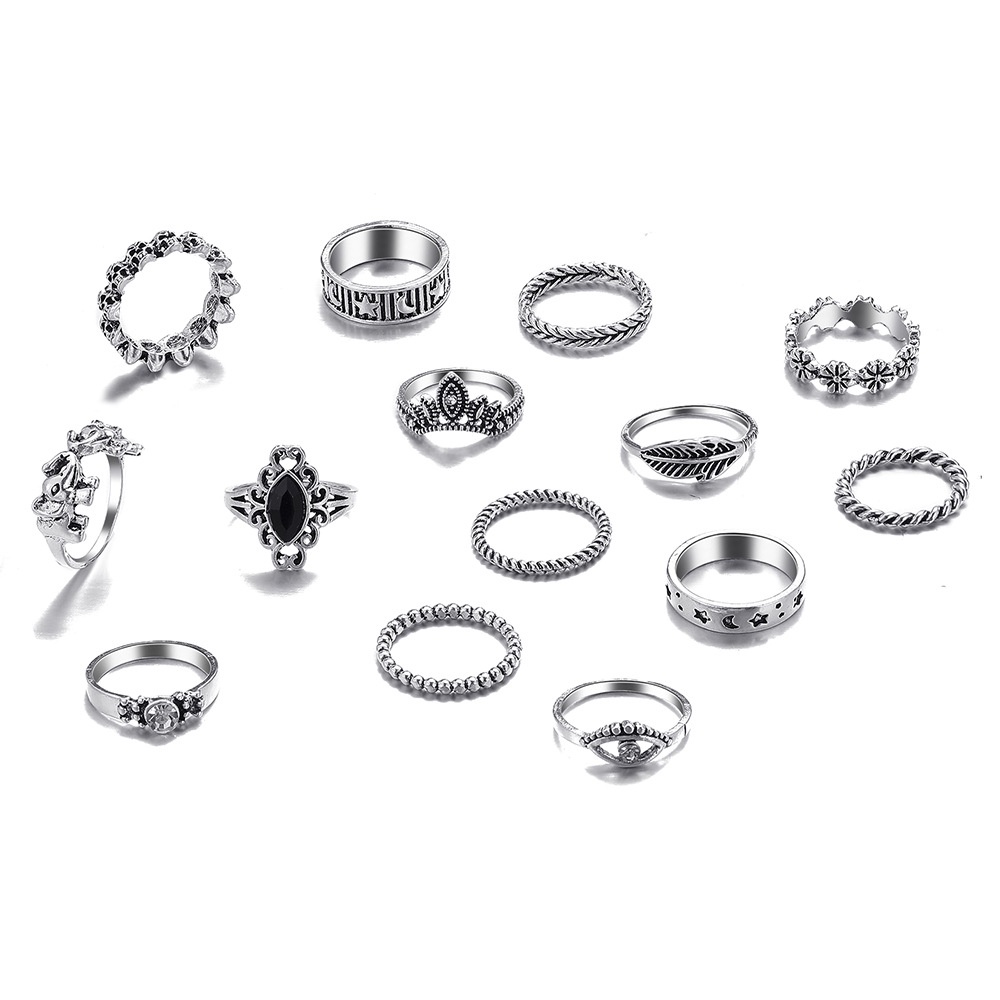 14pcs / Set Cincin Vintage Punk Desain Mahkota / Daun / Bintang / Bulan Hias Berlian Hitam Untuk Wanita