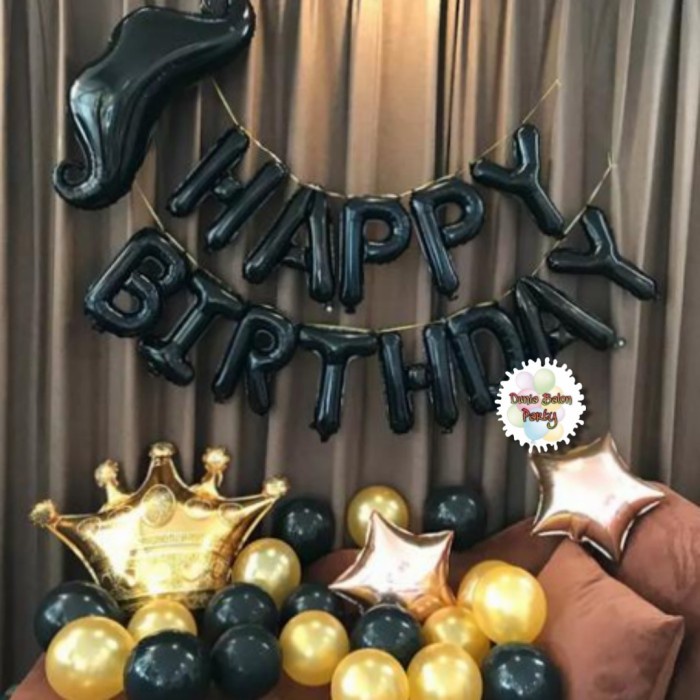 Paket Dekorasi Ulang Tahun / Balon Foil Set HBD Hitam Kumis