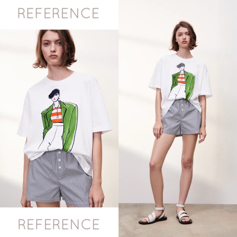 TC1315 ZARA BOYISH PRINT T-SHIRT (atasan kaos import fashion bangkok wanita casual santai kekinian)