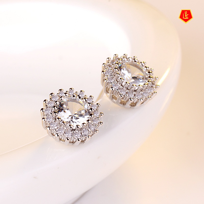 [Ready Stock]Simple Elegant round Flower Full-Jeweled Stud Earrings