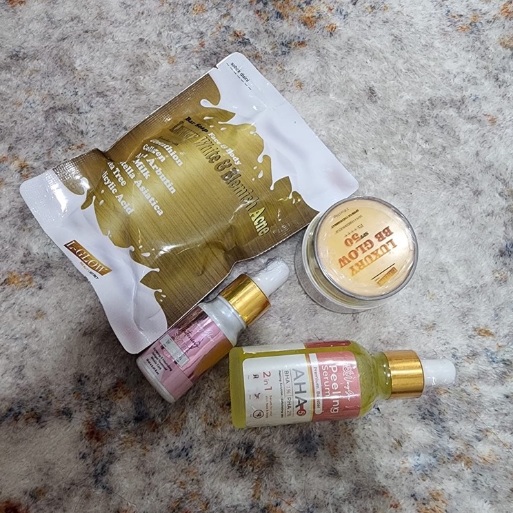PAKET BB GLOW LUXURY SPF 50+, SERUM PROPOLIS, PEELING SERUM PREMIUM BOOSTER AHA & PAKET BAR SOAP LUX