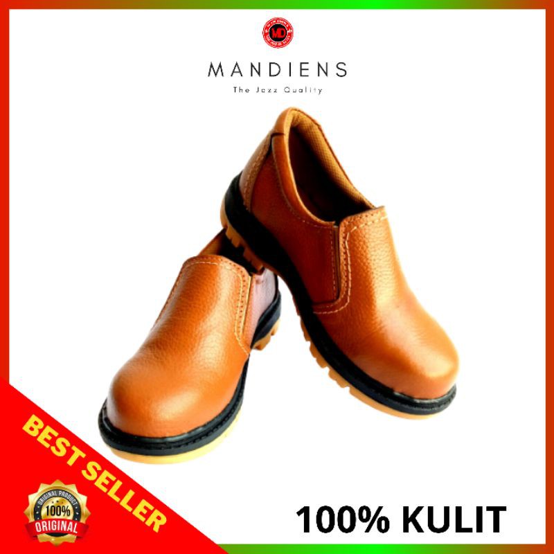 MANDIENS - Sepatu Safety Pria Kulit Asli Ujung Besi Boyken KR.10 Model Slip On  Safety Shoes Warana Hitam Cokelat Untuk Kerja Proyek  Kitchen