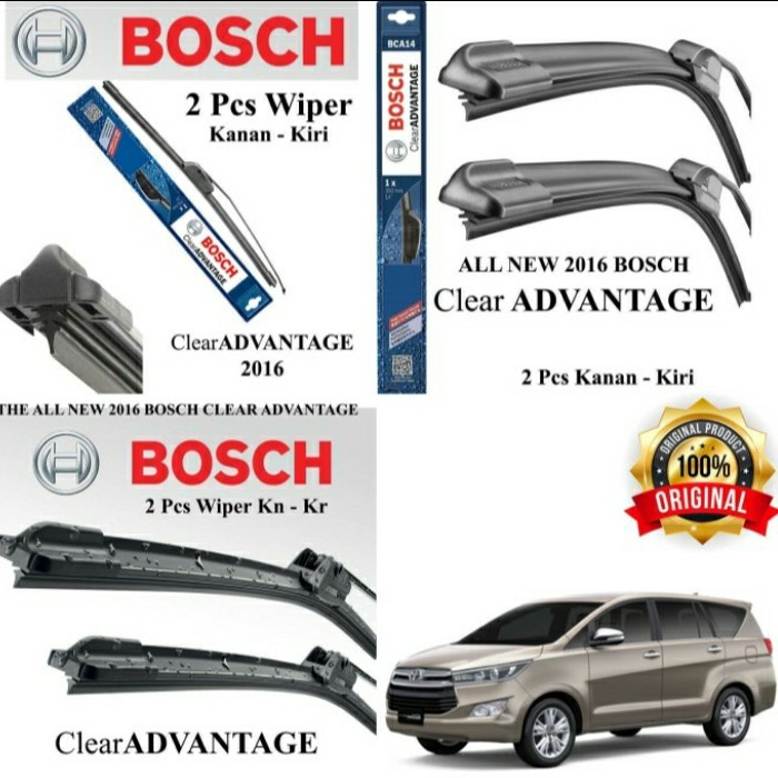 PAKET WIFER MOBIL ALL NEW INNOVA REBORN 2016 ON BOSCH CLEAR ADVANTAGE FRAMELESS KARET WIPER KACA DEP