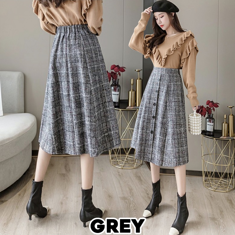 KARAKOREA 7708 Banding Tweed Midi Skirts/Korean Women Skirt/Rok Tweed Kancing