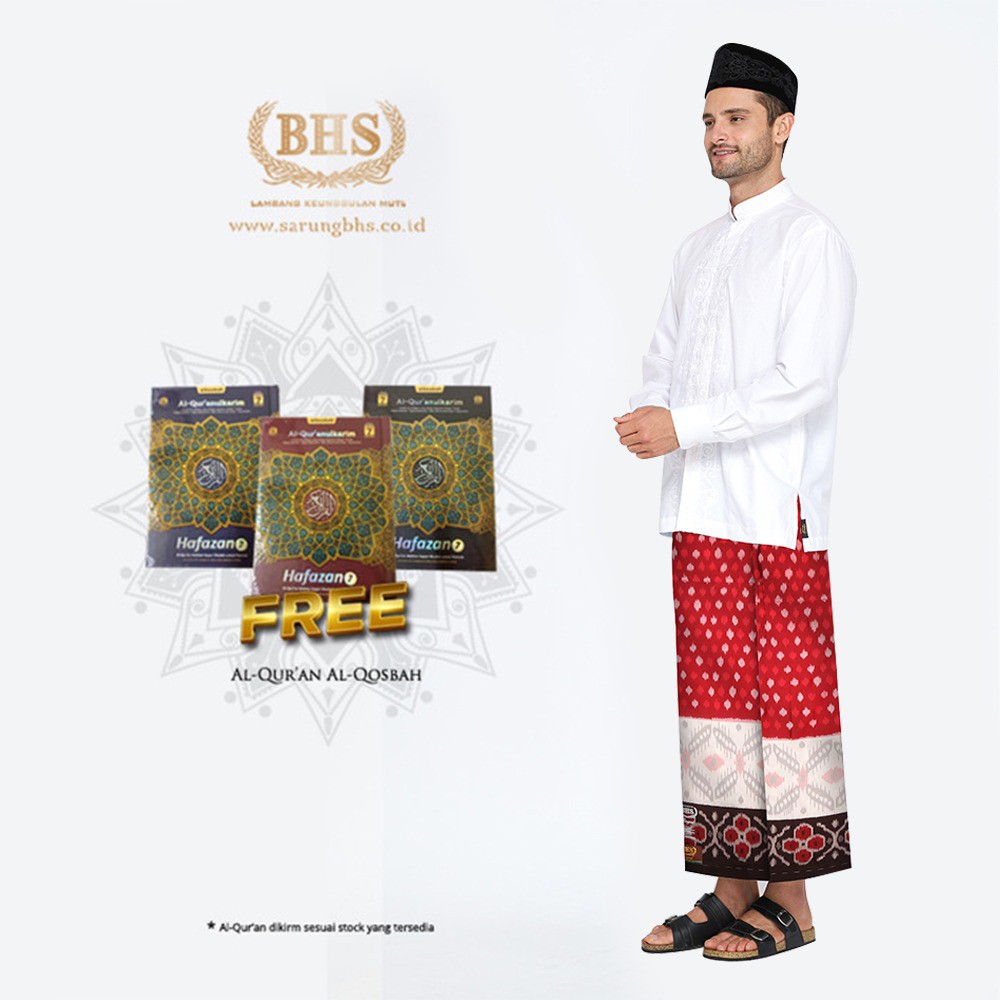 Sarung BHS Royal Gold Motif Ikat Border Dua Warna Merah Hitam