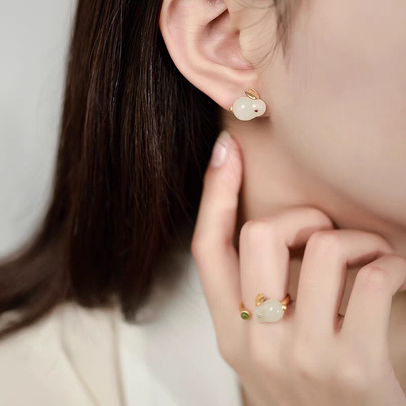 Goldkingdom Perhiasan Fashion 24K Bangkok Aksesoris Ready Stock Giok Kelinci Set Hetian Giok Cincin Bertatahkan Kalsedon Kelinci Kalung Kelinci Lucu Anting Liontin