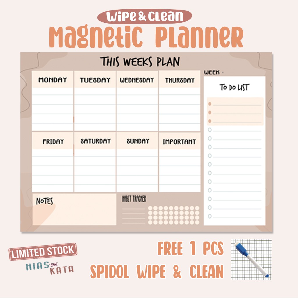 

magnetic Weekly Planner tempel kulkas with Habit Tracker & notes ( gratis 1 pcs spidol wipe & clean)